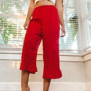 Flax Red Linen Ruffle Crop Pants